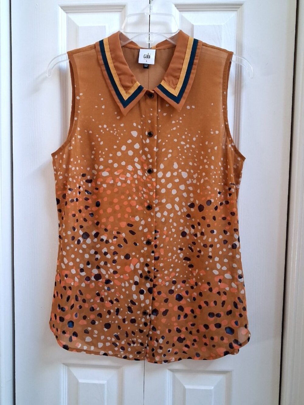 CABI Cheers Gold/Navy Sleeveless Collared Sheer Blouse sz S